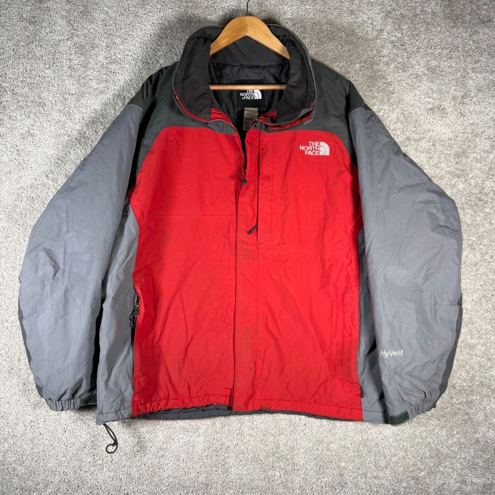 The North Face HyVent Jacket Mens XL Red Grey Zip Hooded Rain Shell Coat READ